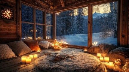 Rustic wooden cabin interior with fur rugs, lit candles, and a snow-covered landscape outside generative ai