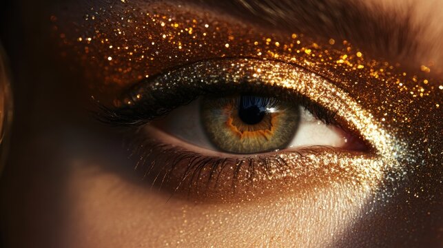 Close-up of an Eye with Golden Glitter Makeup