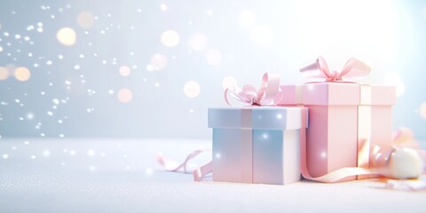 pastel-colored Christmas gift boxes presents with ribbons tied in bows and light colors such as pink, blue, or purple. background for special events such as New Year's Day, birthday party mockups 