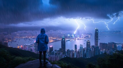 Obraz premium A lone figure stands overlooking a city skyline during a thunderstorm.