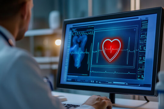 Medical Professional Analyzing ECG with Red Heart Overlay Highlighting Key Data
