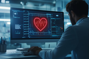 Medical Staff Analyzing Digital ECG Readout with Red Heart Icon Highlighting Key Metrics