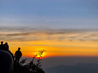 Fototapeta premium Golden sunrise on Sikunir hill, Dieng, Wonosobo, Central Java, Indonesia.