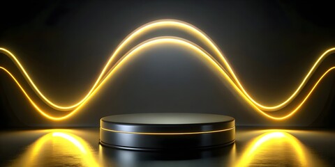 black podium with neon wave backdrop for futuristic product display