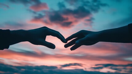 Silhouette of two hands touching each other with outstretched fingers under a twilight sky generative ai