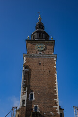 Town Hall Tower (Wieza Ratuszowa Krakow) major landmark on Main Market Square in the Old Town district of Krakow, Poland.