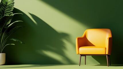 Fototapeta premium Modern Yellow Armchair with Green Wall and Sunlight