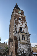 Town Hall Tower (Wieza Ratuszowa Krakow) major landmark on Main Market Square in the Old Town district of Krakow, Poland.
