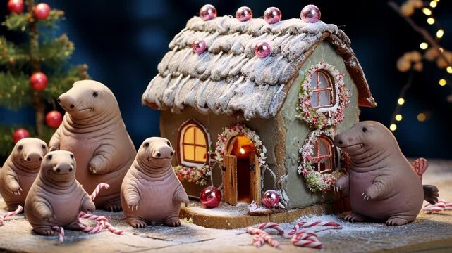 Cozy family of mole rats gathers around a gingerbread house, lit by christmas lights in the snow