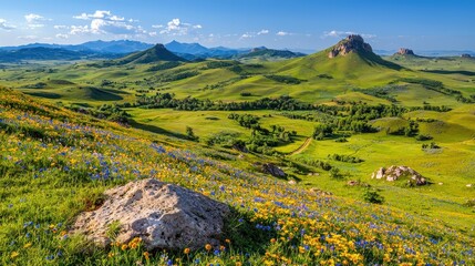 Obraz premium Vibrant Wildflowers on Rolling Hills with Blue Sky and Mountain Landscape