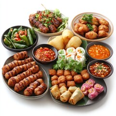 A Variety of Appetizing Asian-Style Fried Dishes and Dipping Sauces