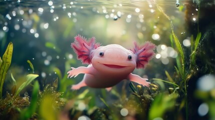 Adorable Axolotl Swimming in Underwater Habitat