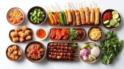 A Spread of Asian Dishes with Spring Rolls, Skewers, and Sides