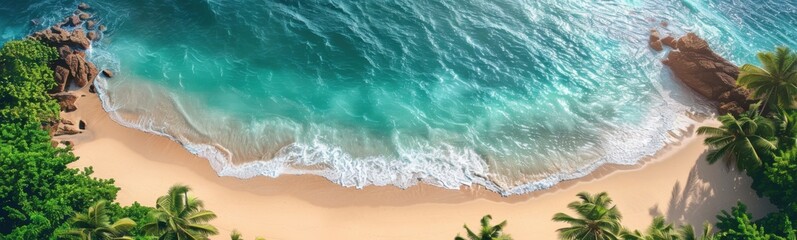 Aerial view of a beach with palm trees and a body of water, travel concept, banner, copy space