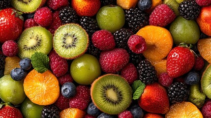 Obraz premium Fresh Fruit Platter with Kiwi Strawberries Raspberries Blackberries and Oranges
