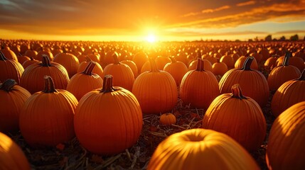 Golden Hour Pumpkin Patch Sunset   Autumn Harvest Field Photography