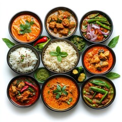 Assorted Thai Curries with White Rice and Garnishes