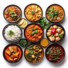 Assortment of Indian Curries with Rice and Lemon Wedges