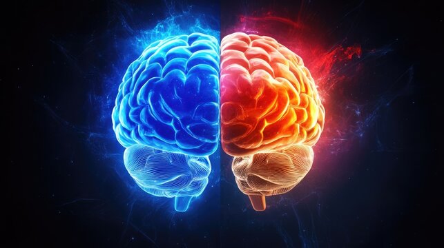 Human brain with right creative hemisphere and left logical hemisphere. AI medical, technological and scientific concept