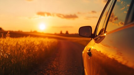 sunset along a country road, golden fields and a sunset visible through the rear window of the car. generative ai