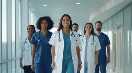 Fototapeta premium A diverse medical team in scrubs stands united in a modern hospital corridor, showcasing collaboration.
