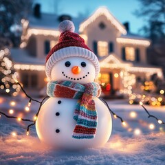Obraz premium happy snowman with a scarf and hat standing in front American mansion decorated with many colorful lights garlands with light decorations in front of the house