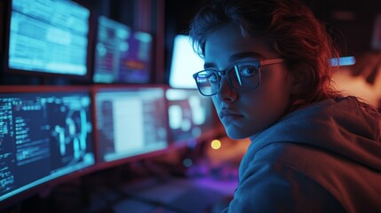 Young Female Coder in a Dark Environment