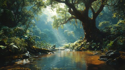 Sunlight streams through the canopy of a lush, tropical rainforest, illuminating a tranquil stream.