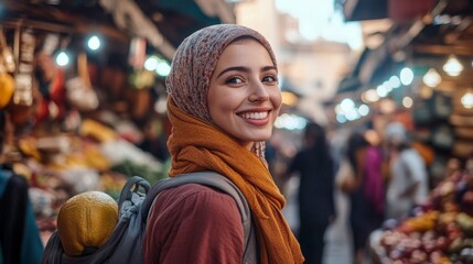 Fototapeta premium Tourist woman in a vibrant traditional market generative ai