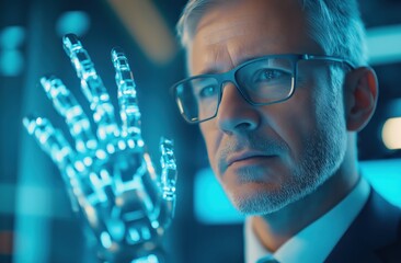 Businessman in Suit Examining and Interacting with Futuristic Digital Holographic Interface in Modern Office Workspace Concept of Innovation Technology and Data Driven Decision Making