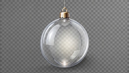 Realistic transparent christmas bauble hanging on string with golden cap is shining on transparent background