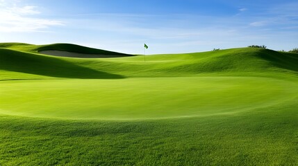 Obraz premium A serene golf course with lush green hills under a clear blue sky, featuring a pin on the putting green.