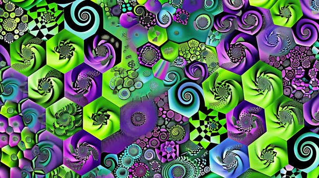 Geometric tessellation design spiral patterns and fractals creating a vibrant colorful background