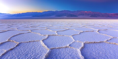 A vast expanse of cracked salt flats in the desert, with distant purple mountains in the background.