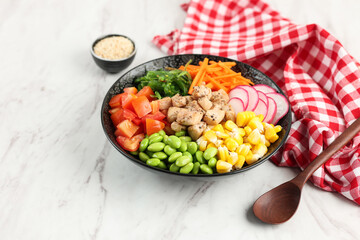 Poke Bowl, Traditional Hawaiian Dish  with Different Proteins and Garnishes