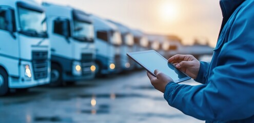 Logistics Professional Overseeing Truck Fleet and Delivery on Smartphone App in Loading Dock Area with Sunset Sky
