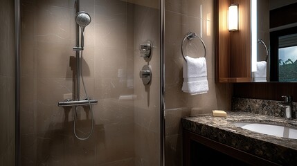 Modern Bathroom Interior with Walk in Shower and Marble Vanity