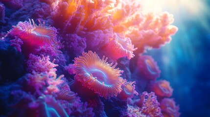 Fototapeta premium Lush coral reef dotted with bright orange and purple coral clusters