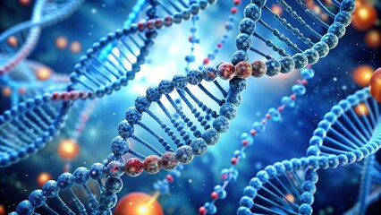 Multiple dna strands rotating on a blue background with red genetic code