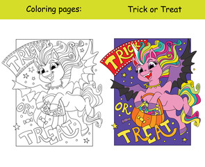 Halloween coloring with color sample unicorn bat vector