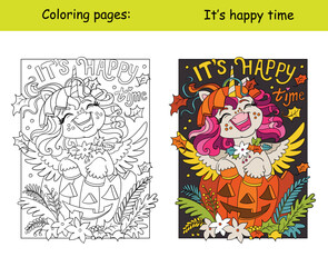 Halloween coloring baby unicorn and lettering vector illustration