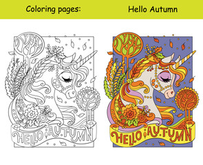 Halloween coloring with color sample dreaming unicorn vector