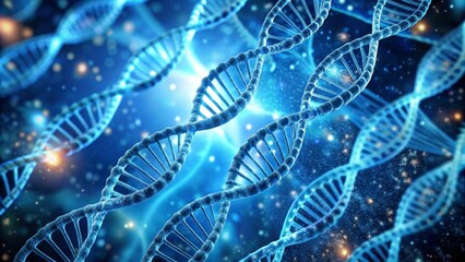 Multiple dna strands rotating on a blue background with red genetic code