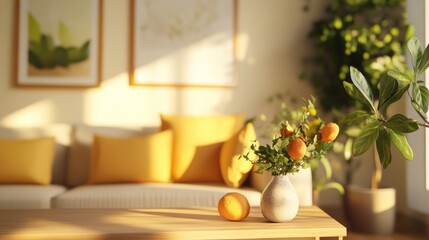 Luxurious Living Room with Sunlit Interior and Orange Decor