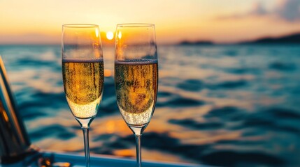 Obraz premium Two glasses of sparkling wine on a yacht at sunset generative ai