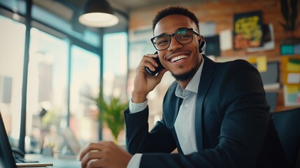 A cheerful businessman in a tailored suit provides exceptional support in a stylish, modern office.