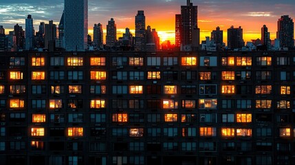 Cityscape at Sunset with Glowing Windows and Dramatic Sky