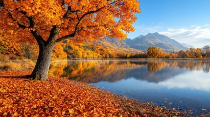 Autumn Landscape with Lake  Mountains  and Colorful Foliage