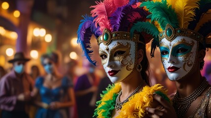 Colorful Mardi Gras revelers in intricate costumes and masks at a vibrant street carnival