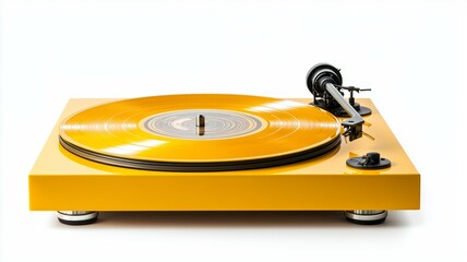 A yellow record player sits on a white background